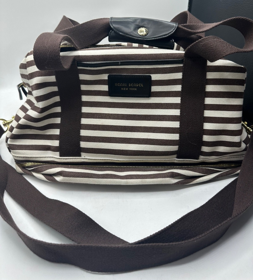 Henri Bendel NY Brown White stripe weekender bag Shoulder and Crossbody zipper